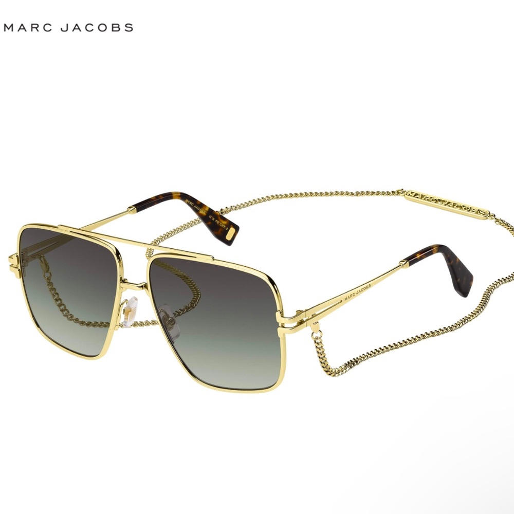 NWOT Marc Jacobs Gold Havana square aviator sunglasses with gold chain